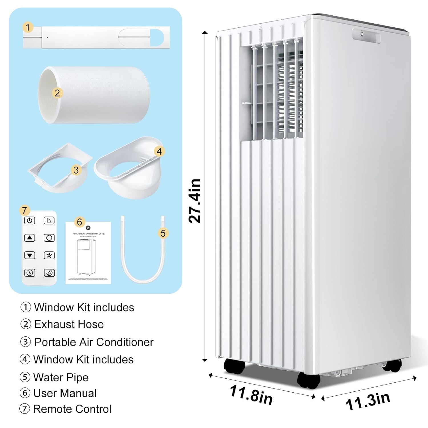 GAOMON Portable Air Conditioners with Built-in Dehumidifier Function, Fan Mode, Remote Control, for Room, Dorm, Office Quiet AC Unit, 24H Timer, Window Kit, 8000Btu Portable AC White