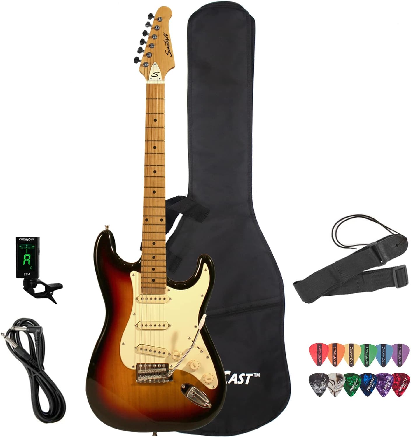 Sawtooth Sunburst Electric Guitar w/Vintage White Pickguard - Includes: Accessories, Gig Bag & Lesson