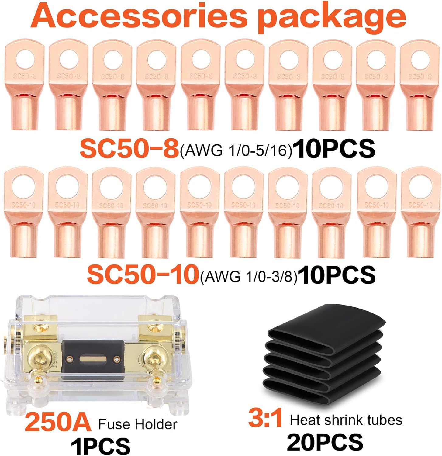 1/0 Gauge Wire(20ft Each - Red/Black) Copper Clad Aluminum CCA with 250A ANL Fuse Holder,20pcs Lugs Terminal Connectors & 3:1 Heat Shrink Tube for Power/Auto,Amplifier,Ground Cable
