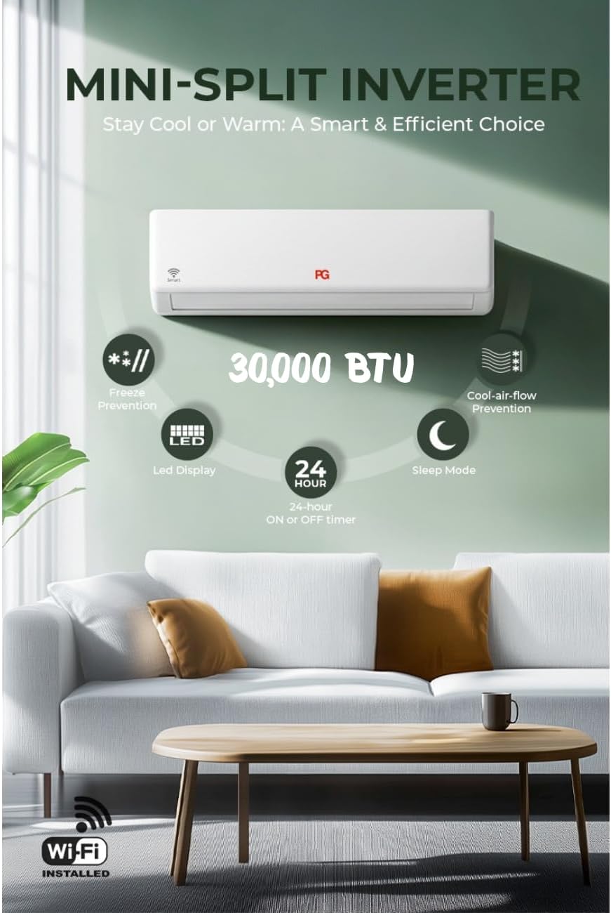 PG 30,000 BTU 2.5-Ton Mini-Split Inverter+ Heat Pump with WiFi, 220V/230V, Powerful Single-Zone AC & Heater for 1,300 Sq Ft | Includes Smart LED Bulb A19 with Voice Control & Google, Alexa