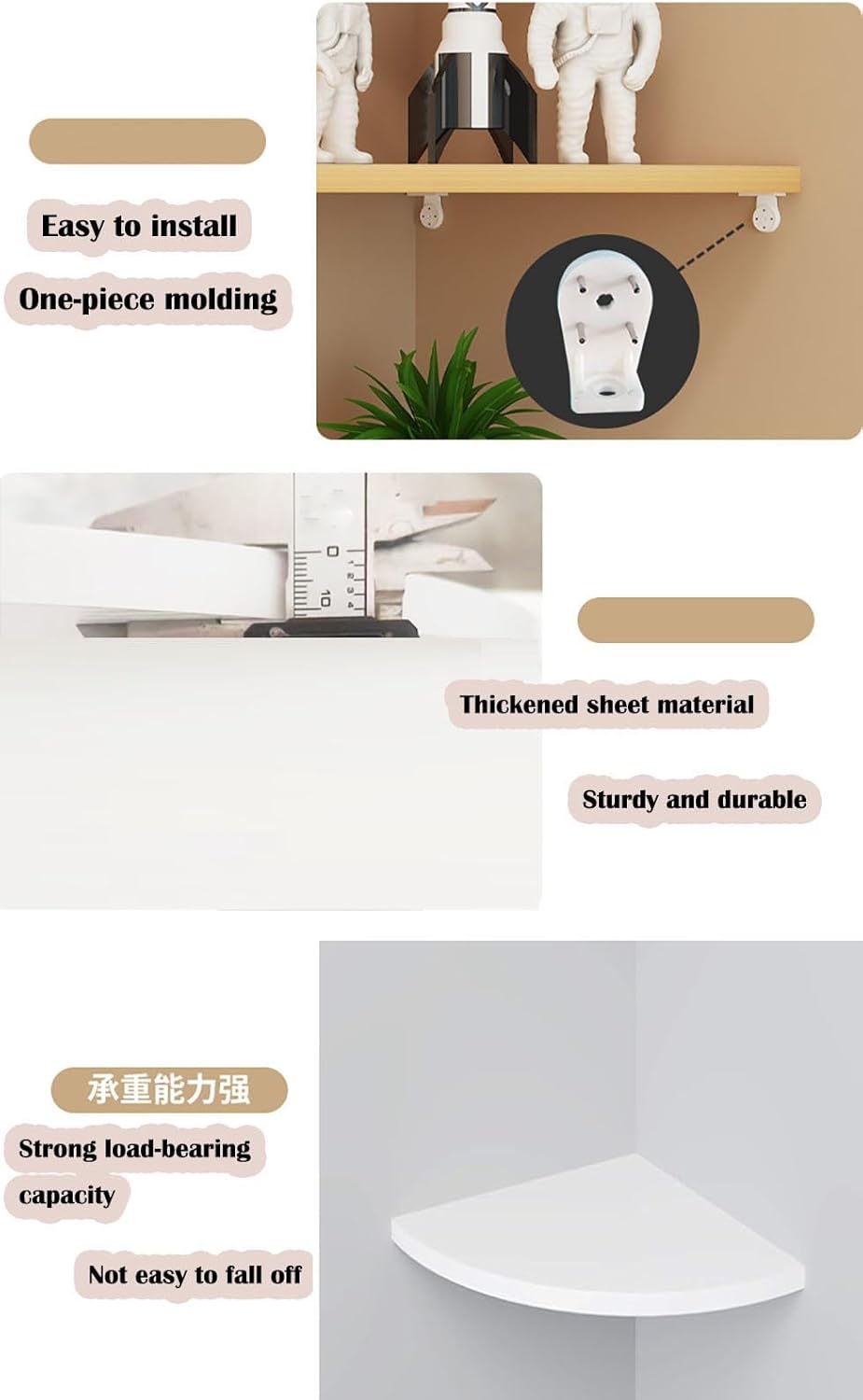 Set of 4 Floating Corner Shelves-Round End,Wall Mounted Shelves for Bathroom,Bedroom Kitchen-Versatile for Room Decor and Display(Black,22cm)