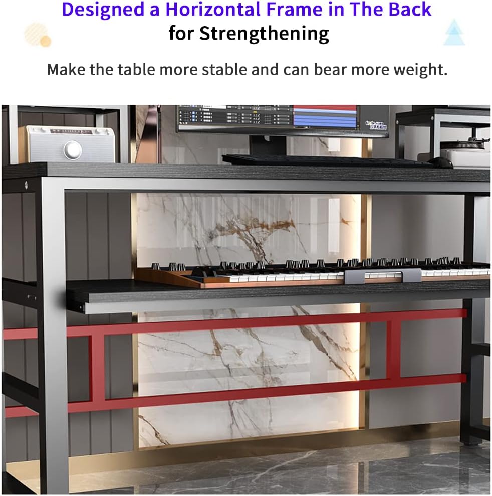 Music Studio Recording Desk with 1 Piano Keyboard Tray, Music Production Workstation, Home Office Furniture Wooden Table (Black Board + Black Frame, 63 inches)