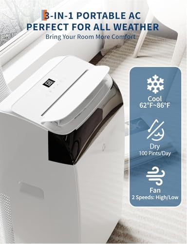 Portable Air Conditioners 14,000 BTU, Fast Cooling up to 750 Sq.Ft., Room Air Conditioners Portable with Dehumidifier & Fan Mode & Remote Control for Bedroom, Dorms, Indoor Rooms - White