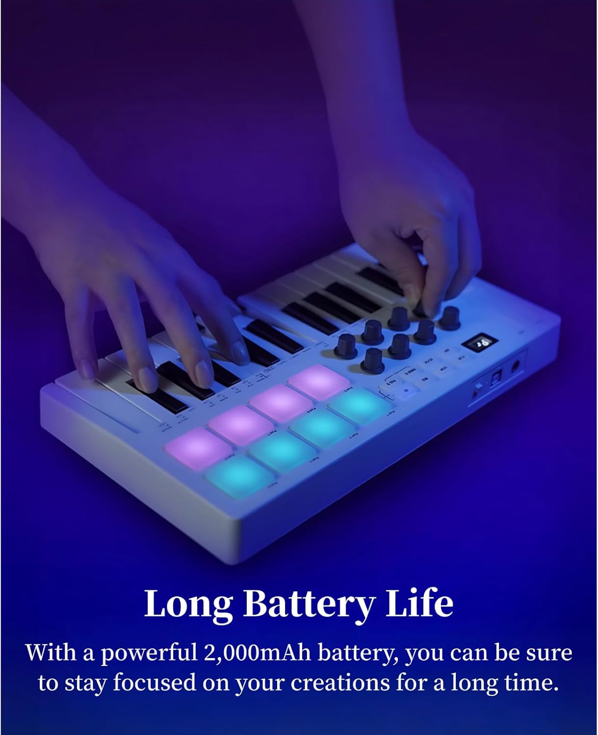 MIDI Keyboard Controller, 25 Key Portable Bluetooth MIDI Controller with 8 Backlit Drum Pads 8 Knobs, Mini Beat Maker for Music Production for Beginners Music making