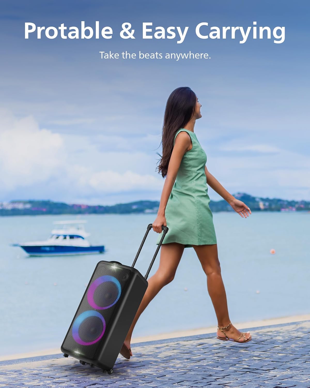 Philips X5206 bluetooth party speaker, portable with wheels, exciting light show, karaoke machine with microphone and Guitar Input, powerful bass & subwoofer, long playtime, perfect for outdoor events