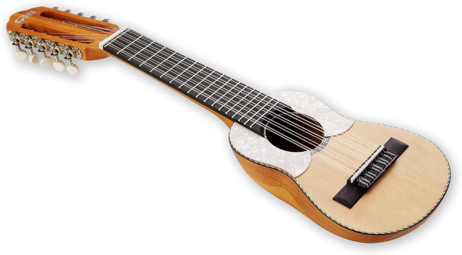 Charango 10-String Traditional Andean Guitar, Solid Spruce Top with Okoume Body, 17 Frets, Includes Case
