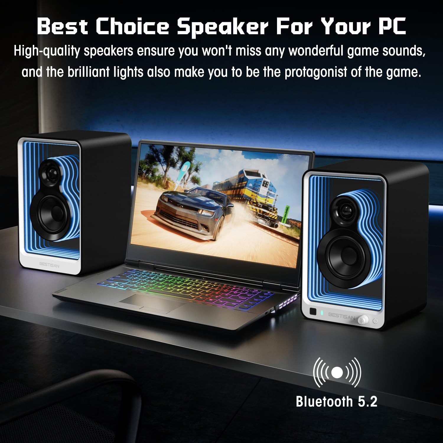 BESTISAN 50W*2 Active Bookshelf Speakers with Dynamic Light Effect, 3