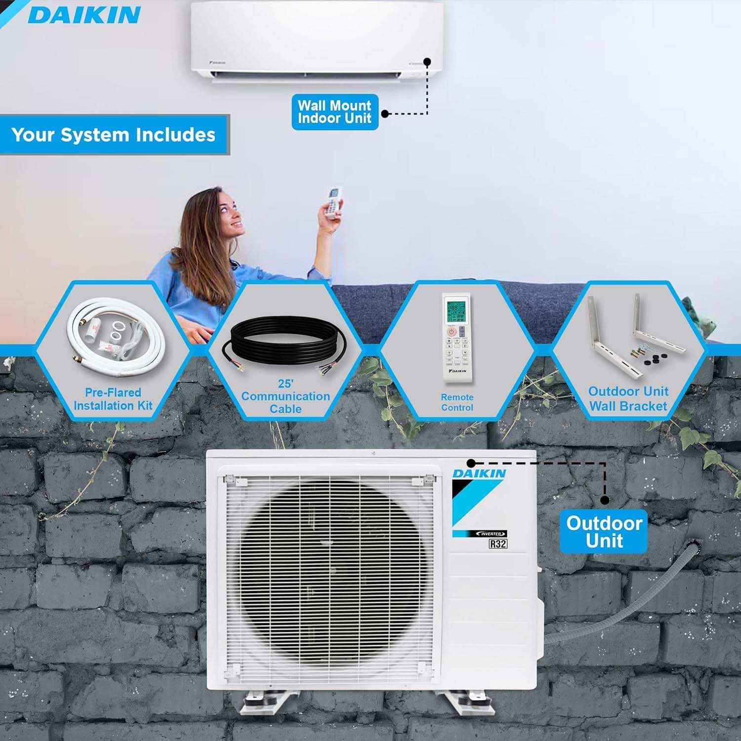 Daikin 24,000 BTU 18 SEER2 Entra R32 Series Ductless Mini Split with Heat Pump System w/Maxwell All-Inclusive 25’ Installation Kit and Wall Mounting Bracket (230V)