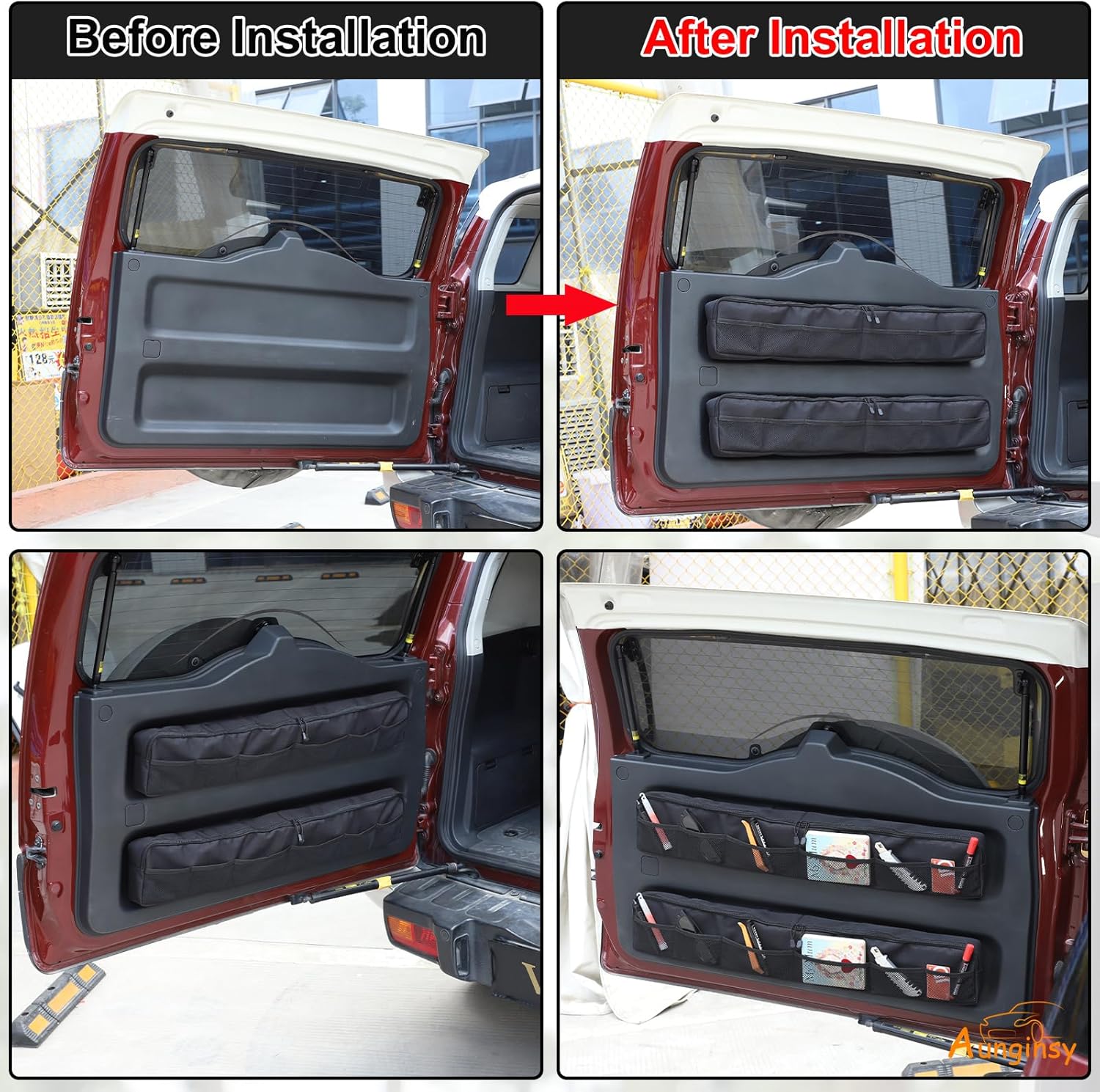Aunginsy 2Pcs Trunk Organizer Compatible with Toyota FJ Cruiser 2007-2024+, Rear Tailgate Storage Bag Organizer Back Door Panel Storage Pockets Box Multi-Compartment Oxford Cloth Expansion Accessories