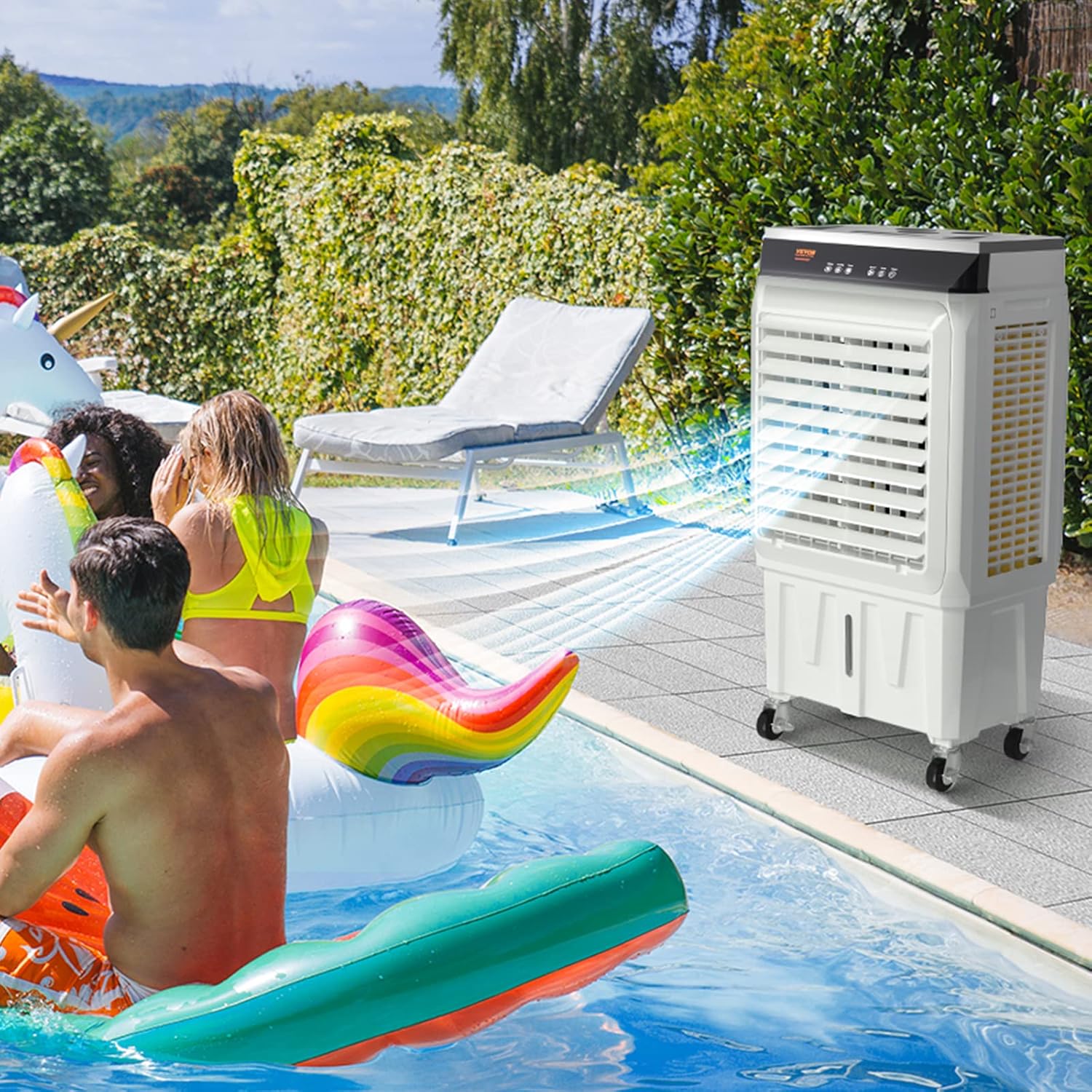 VEVOR Evaporative Air Cooler,120W 2100CFM Swamp Cooler with 7 Gal Water Tank,12H Timer,3 Modes & Speeds and Humidifying Portable 3-IN-1 Cooling Fan,Remote Control,Use for 750 Sq.Ft Indoor or Outdoor