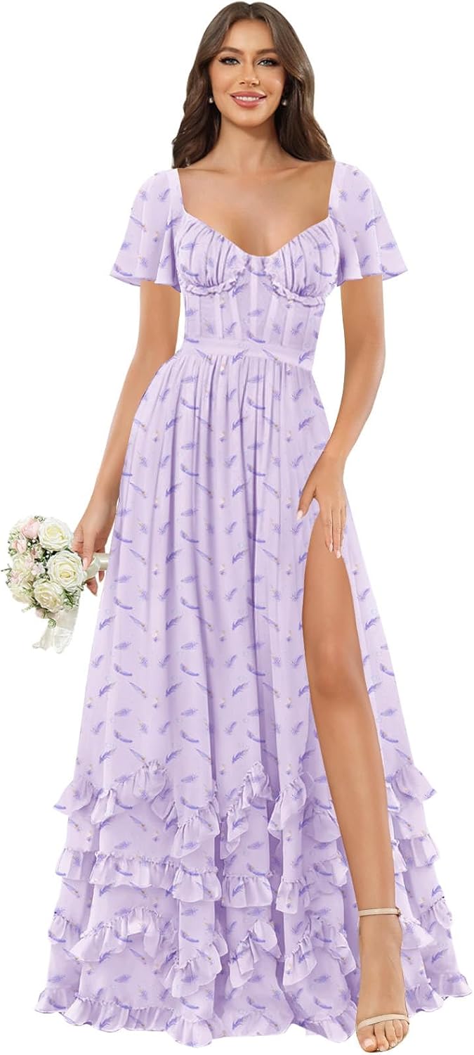 BOLENSYE Bridesmaid Dresses for Women with Sleeves A Line Tiered Chiffon Long Formal Wedding Guest Dress with Slit