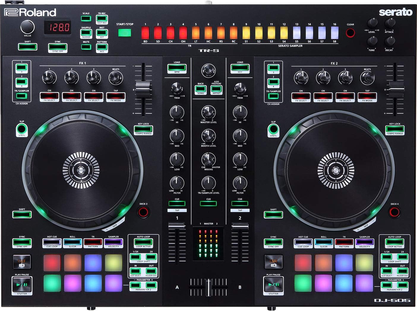 Roland DJ-505 DJ Controller Bundle with Stand, Headphones, and Austin Bazaar Polishing Cloth