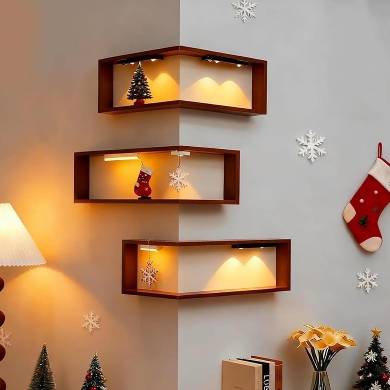 Illuminated Corner Shelf with Remote, Smart Shelves That Light up Your Space, Wooden Corner Wall Shelve with Light for Figurines and Collectibles (2pc with 4 Smart Sensor Lights)