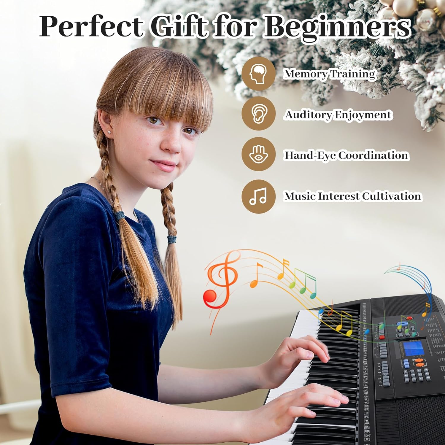 HONEY JOY 61 Key Keyboard Piano, Electric Piano Keyboard Kit with 300 Tones, 300 Rhythms, Piano Stand, Bench, Headphone/Microphone, Built-In Speakers, Keyboard Piano for Beginners, Black