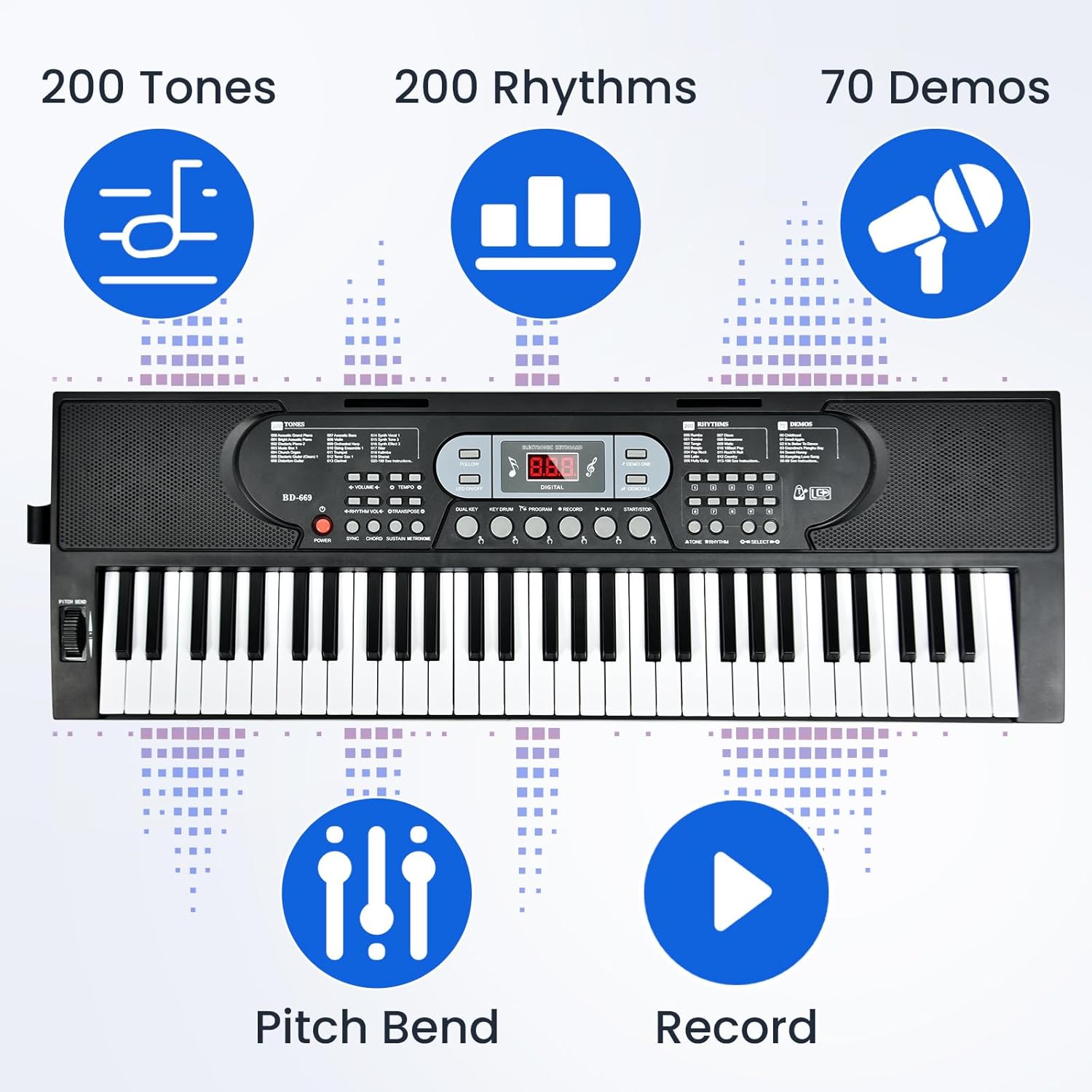 61-Key Lighted Keyboard Piano for Beginners, Electric Keyboard with Pitch Bend & Built-In Speakers, Teaching Mode, Portable Piano Set with Stand, Bench & Microphone