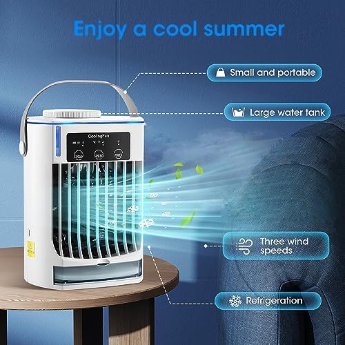 Portable Air Conditioner Fan, Small Air Conditioner Cooling Fan with 3 Fresh Wind Speeds and Handle, Personal USB Rechargeable Air Cooler, for Car Bedroom Office Home Tent Camping
