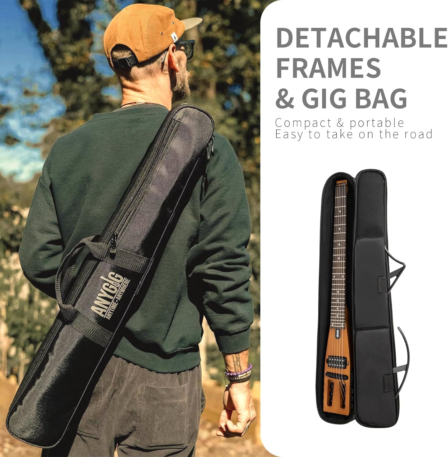 Travel Electric Guitar Headless – Portable Ultra-Light and Quiet, Full-Scale 25.5” Rosewood Fingerboard, glow humbucker, Gig Bag, Removable Stands include all Accessories Left Handed Brown