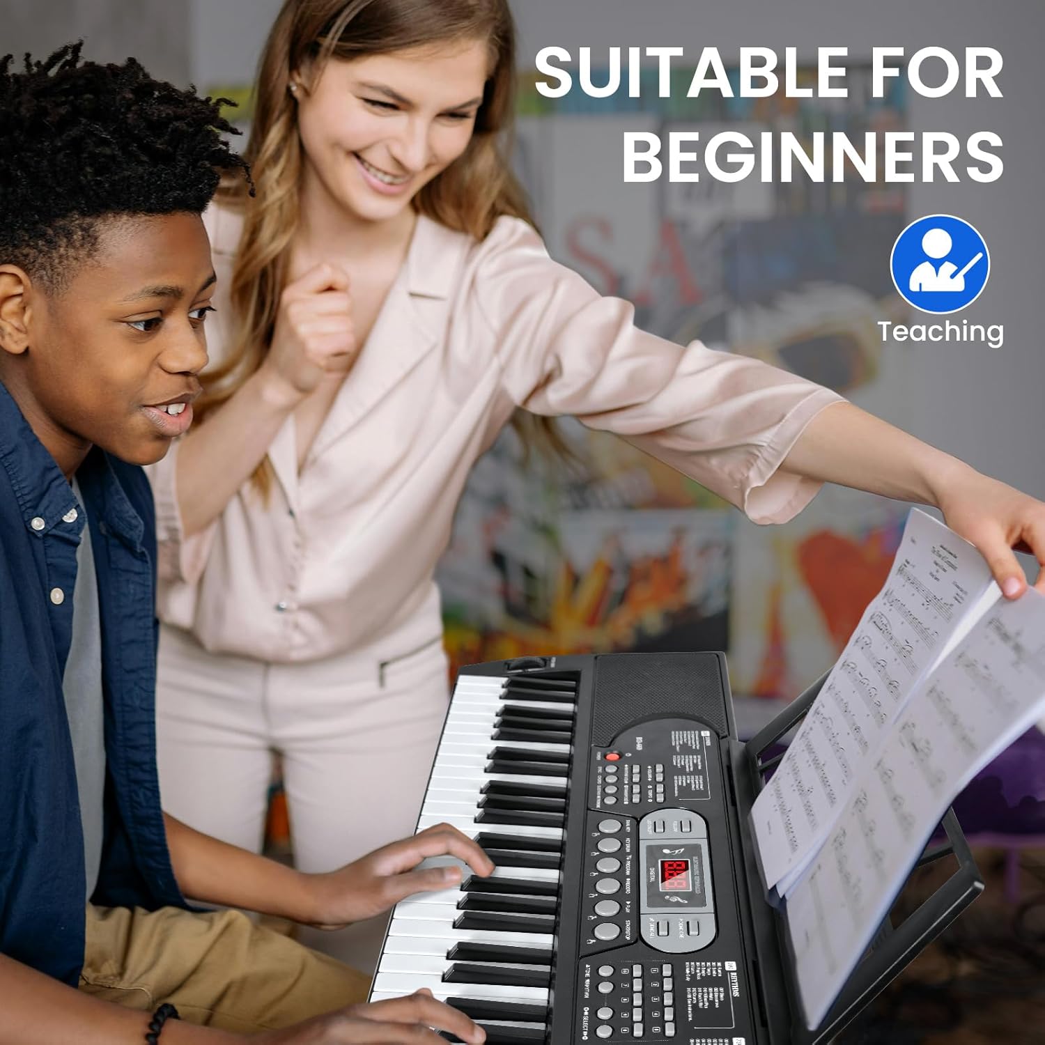 61-Key Lighted Keyboard Piano for Beginners, Electric Keyboard with Pitch Bend & Built-In Speakers, Teaching Mode, Portable Piano Set with Stand, Bench & Microphone