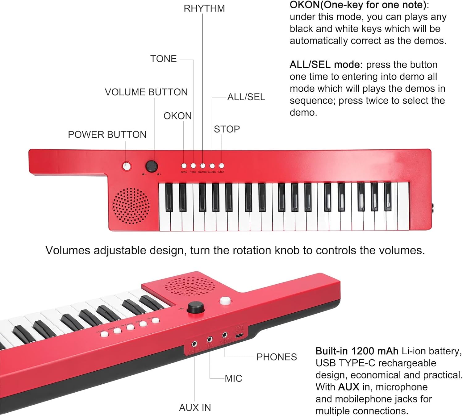 Keyboard Piano 37 Keys Electronic Piano Organ Keyboard Piano Type-C Rechargeable Guitar with Straps Microphone