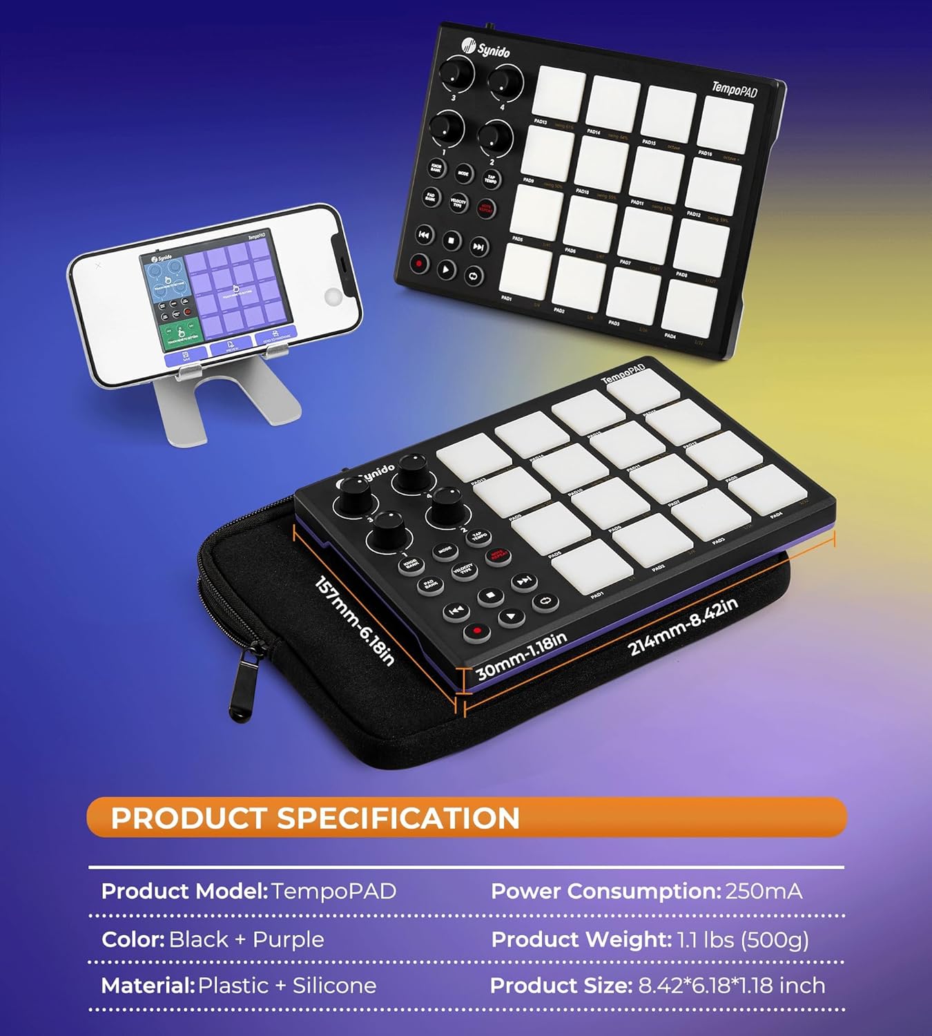 Synido TempoPAD Midi Controller Beat Maker Machine for Music Production, Portable USB MIDI Beat Pad Controller for Beginners with Durable Carrying Bag, 16 Backlit Beat Pad, 4 Assignable Knob