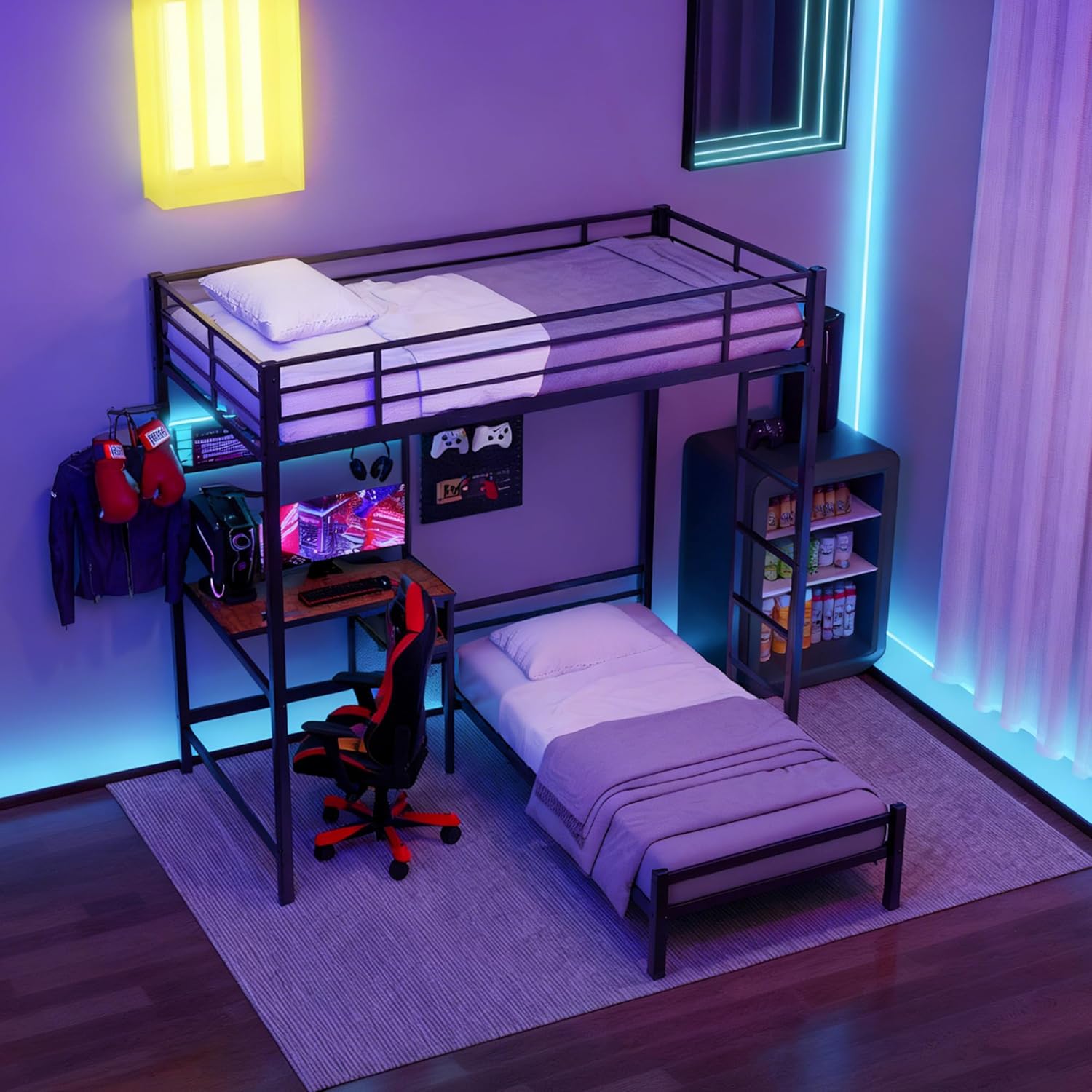 Bellemave Twin Over Twin bunk Bed with Desk and LED Charging Station, loft Bed with Desk and Shelves Drawer, Twin Over Twin Metal Bunk Beds with Storage, Black