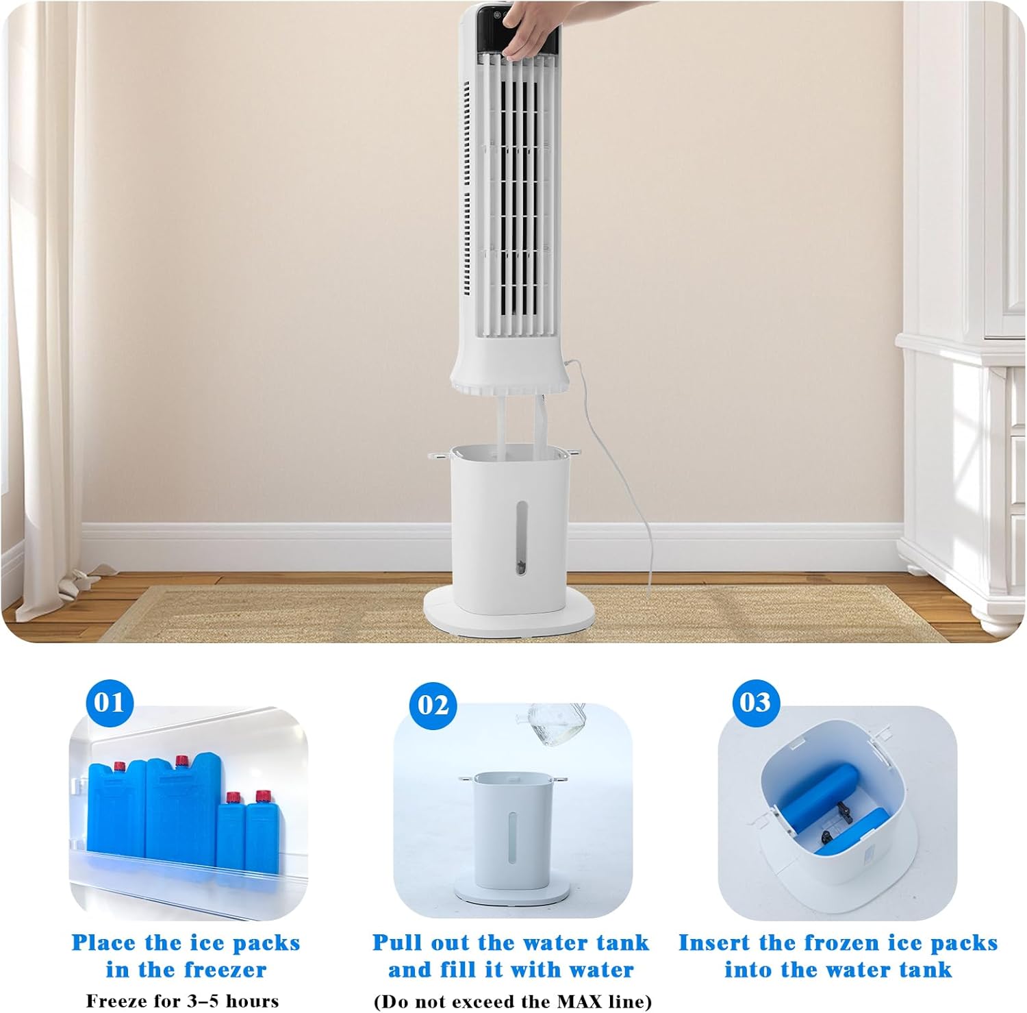 Portable Air Conditioner for Home Office Outdoor, Evaporative Swamp Cooler with 3Gal Water Tank, 120° Oscillation Cooling Fan with Remote 2 Modes 3 Speeds, 12H Timer & 4 Ice Packs