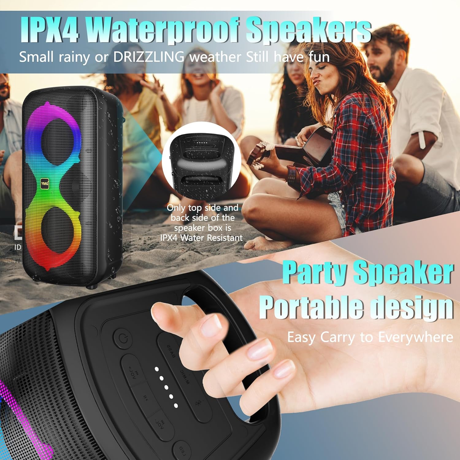 YMG Karaoke Machine for Adults Portable Blue Tooth Party Speaker with 2 Wireless Microphones, 300W Peak PA System Deep Bass with LED Disco Lights for Outdoor Home Party Gift