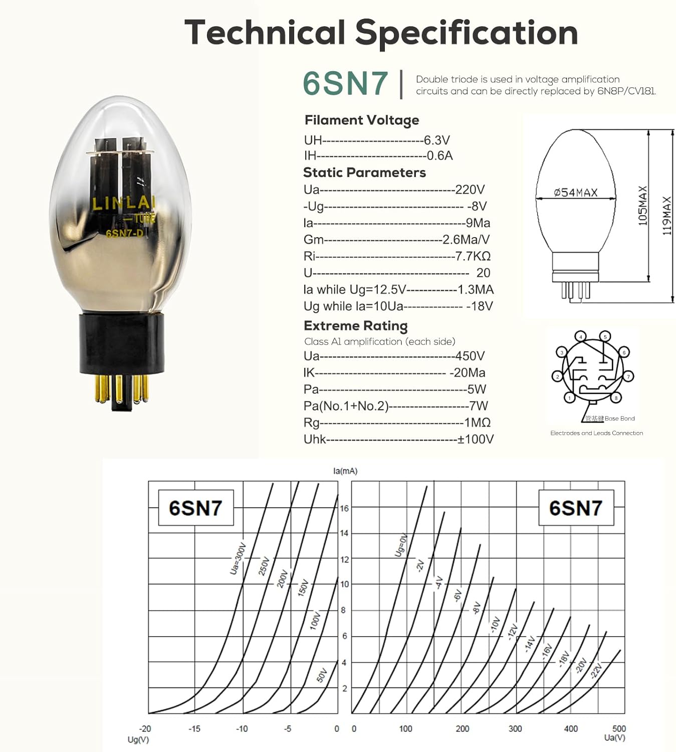 LINLAI 6SN7-D Vacuum Valve Electronic Tube Class Pairing Water-drop Shape for Hifi Audio Amplifier Replaced by CV181 6N8P