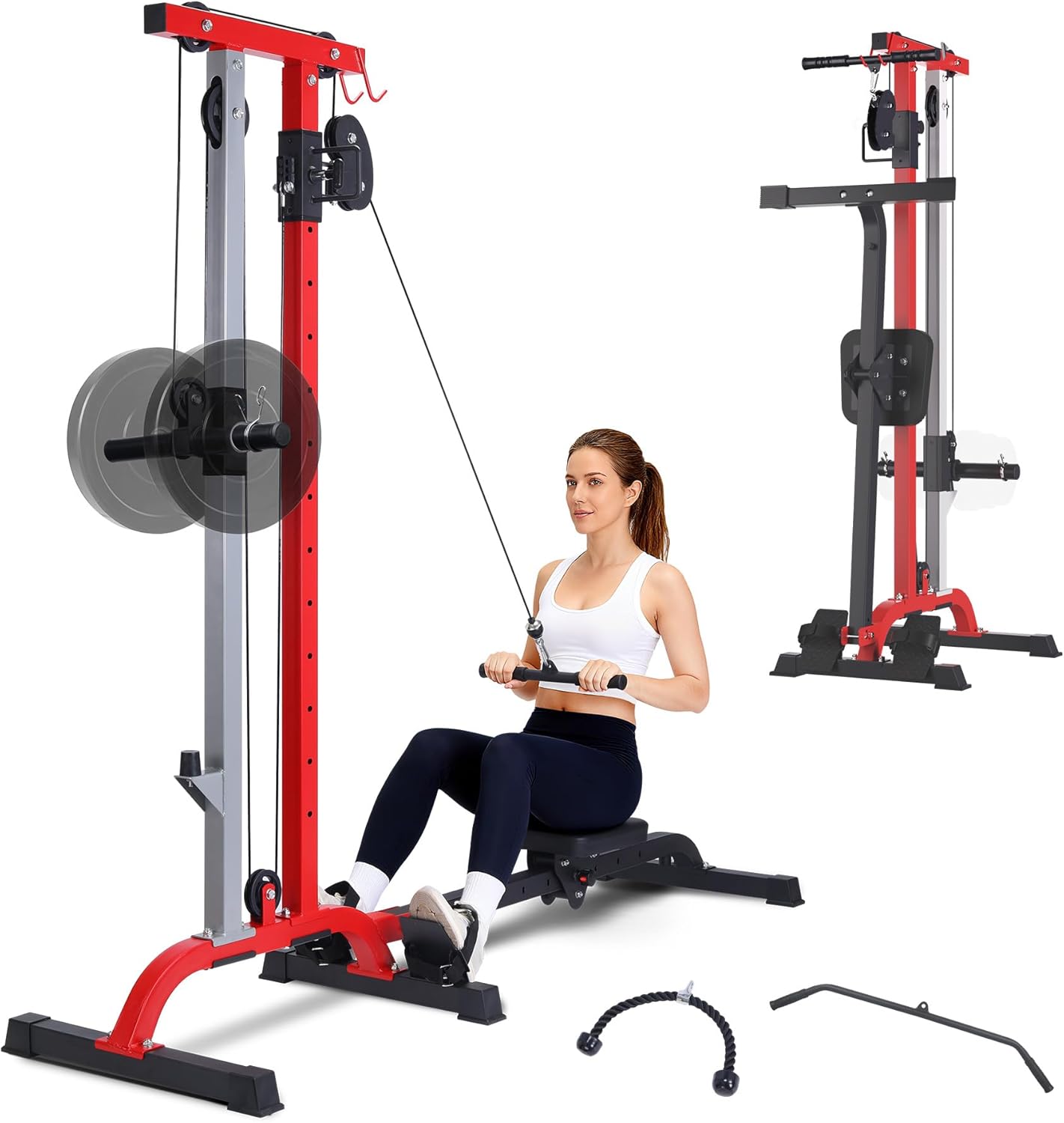 2 in 1 Rowing & Cable Machine, LAT Pull Down with Adjustable Weight and Seat, High and Low Pulley Station, LAT Bar and Cable Bar Multi-Function Compact Rowing Machine for Home Gym