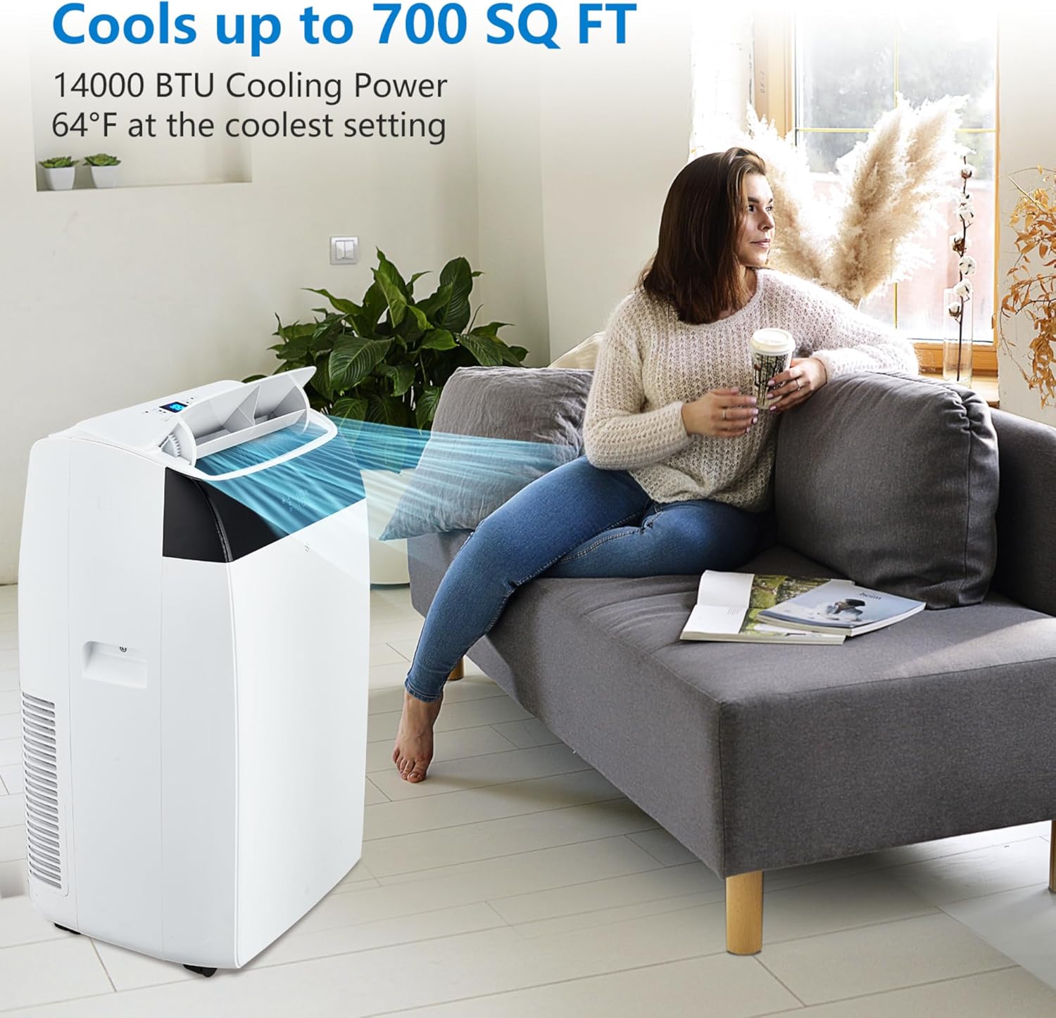 14,000 BTU Portable Air Conditioner - Ultra-Quiet 50dB Cools 750 Sq.Ft In 20 Mins, 3-In-1 Cooling/Dehumidifier/Fan with Remote, 24H Timer & Self-Evaporative Window Kit for Bedroom/Living Room/Office