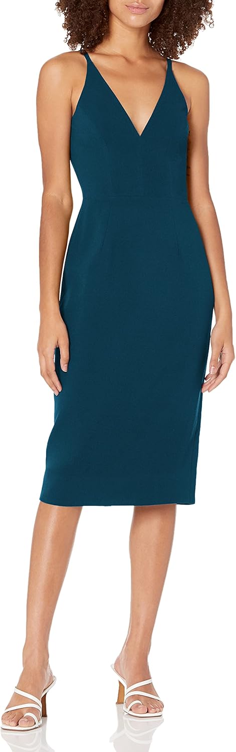 Dress The Population Womens Lyla Plunging Sleeveless Fitted Midi Sheath Dress