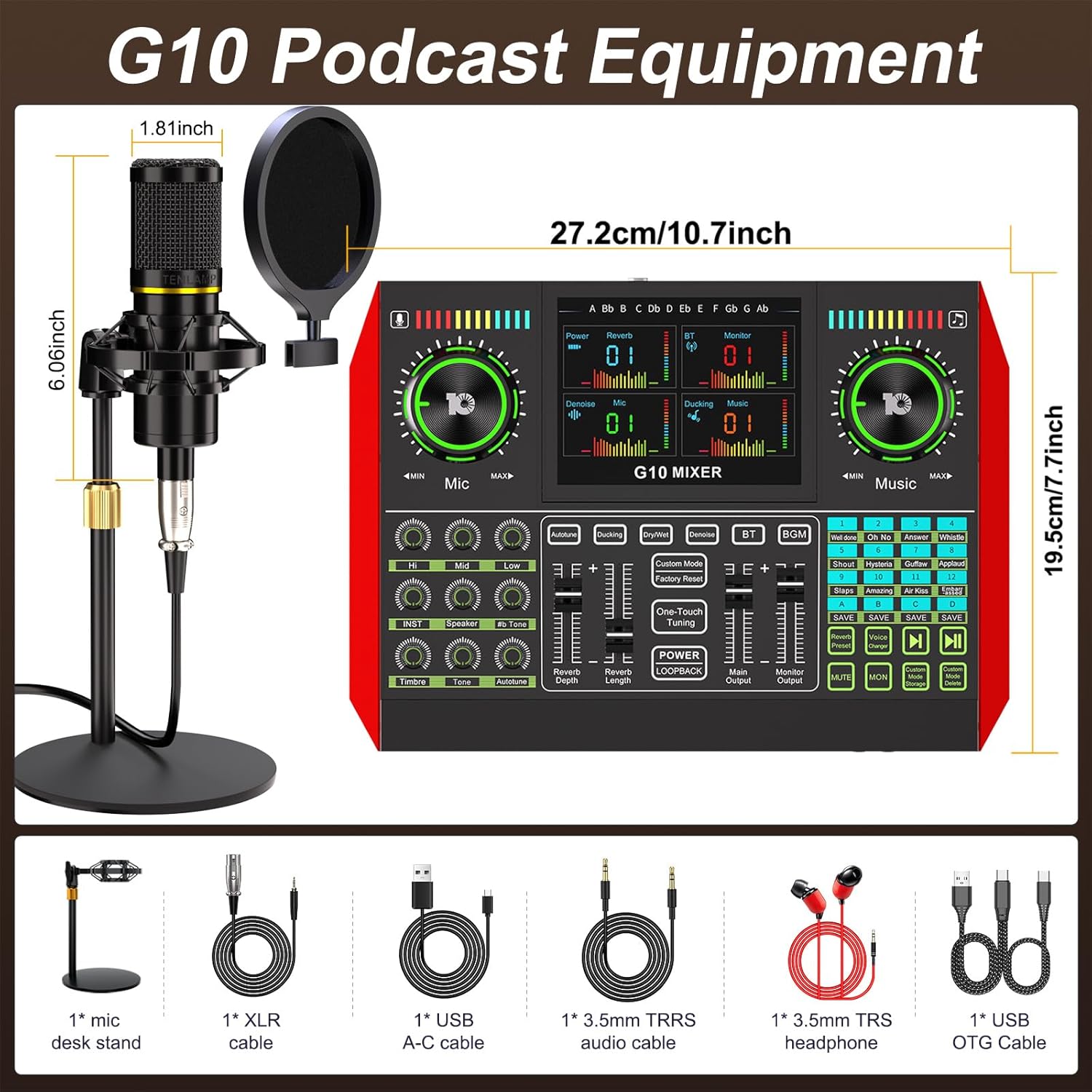 Podcast Microphone Bundle with Live Sound Card Audio Mixer, Podcast Equipment Bundle with 3.5mm Condenser Microphone for Pc/Phone Live Streaming Singing Gaming, Sound Board with Voice Changer, Denoise