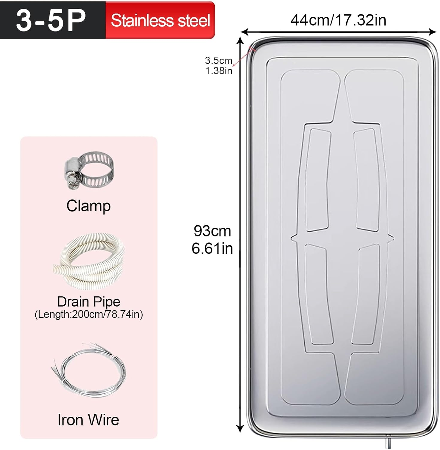 Condensate Drain Pans, Drip Tray with Drain Kit, Ac Drain Pan, Stainless Steeln, for Universal Split Air Conditioner Heat Pump Systems(93x44x3.5 cm)
