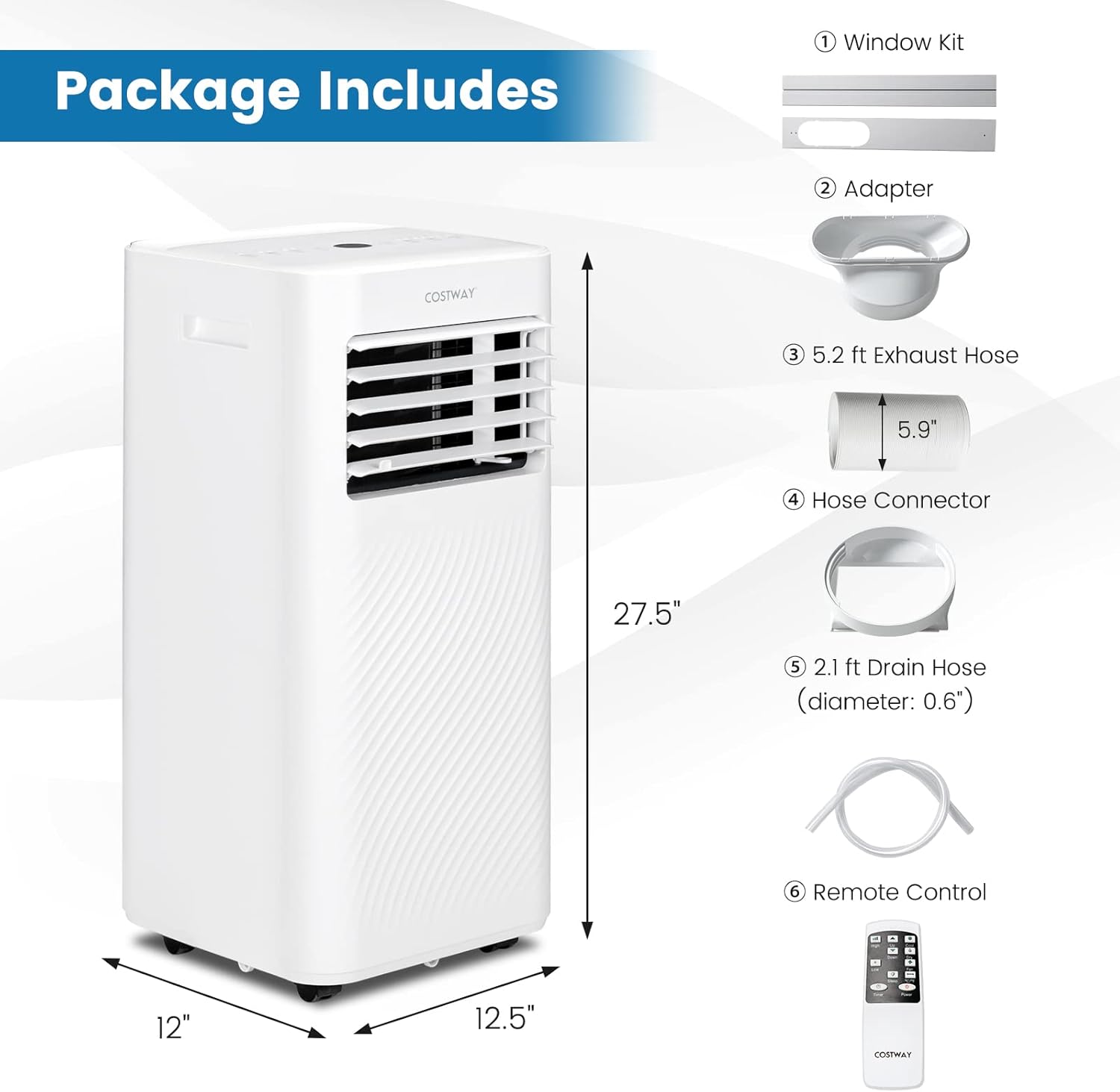 COSTWAY Portable Air Conditioner, 10000 BTU AC Unit with Cool, Fan, Dehumidifier & Sleep Mode for Rooms up to 350 Sq.Ft, with 24H Timer, Child Lock, Remote Control & Window Kit (White)