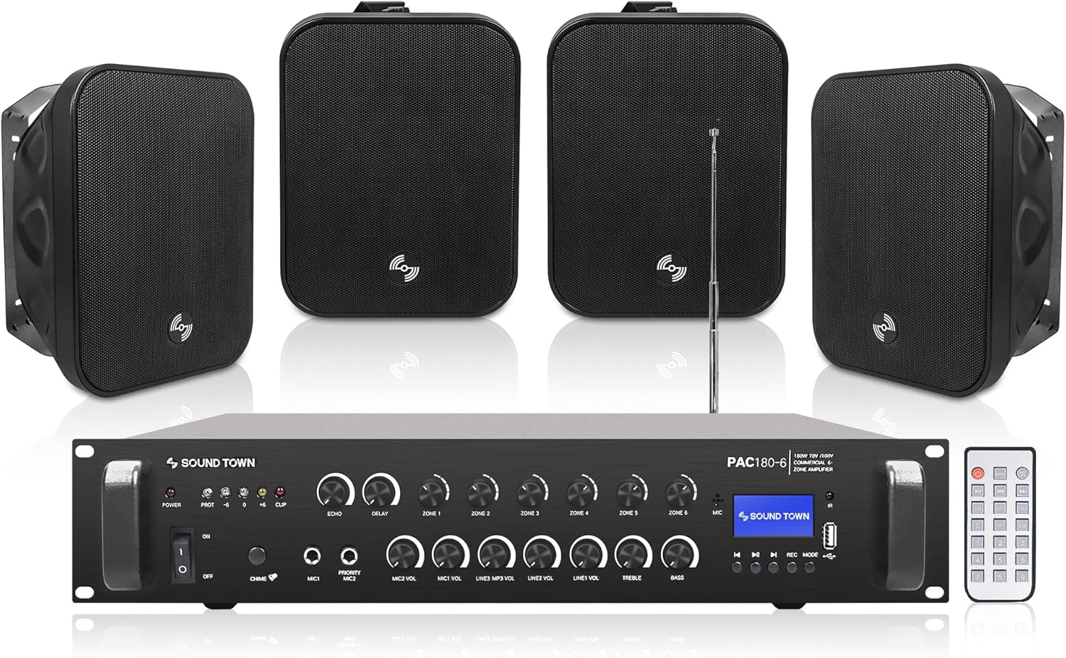 Sound Town Commercial Restaurant Bluetooth Amplifier + Surface-Mount Speaker Set, with One 6-Zone 70V/100V Amplifier with Bluetooth, 4 x 5.25-Inch Surface-Mount Speakers, Black (PAC180X4MS5B)