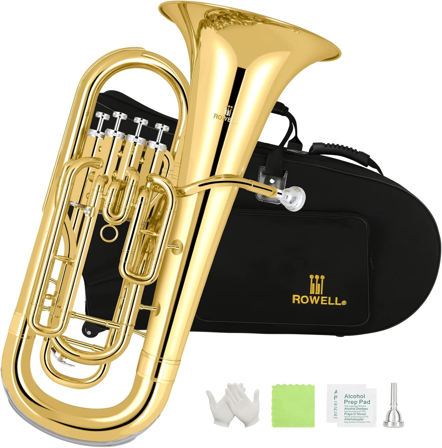 ROWELL Bb Euphonium Brass Horn 4 Valves Euphonium with Case & Care Kit - Includes Mouthpiece, Polishing Cloth, Gloves & More, Featuring Large Bell & Stainless Steel Valves for Rich Sound