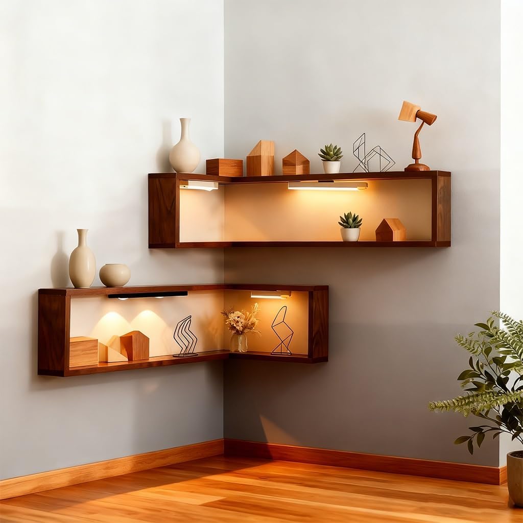 Smart Corner Shelves That Light up Your Space, Illuminated Corner Shelf, Wooden Wall-Mounted Display, Space-Saving，Floating Storage Shelves, for Figurines and Collectibles(3pc-(with Light*6))