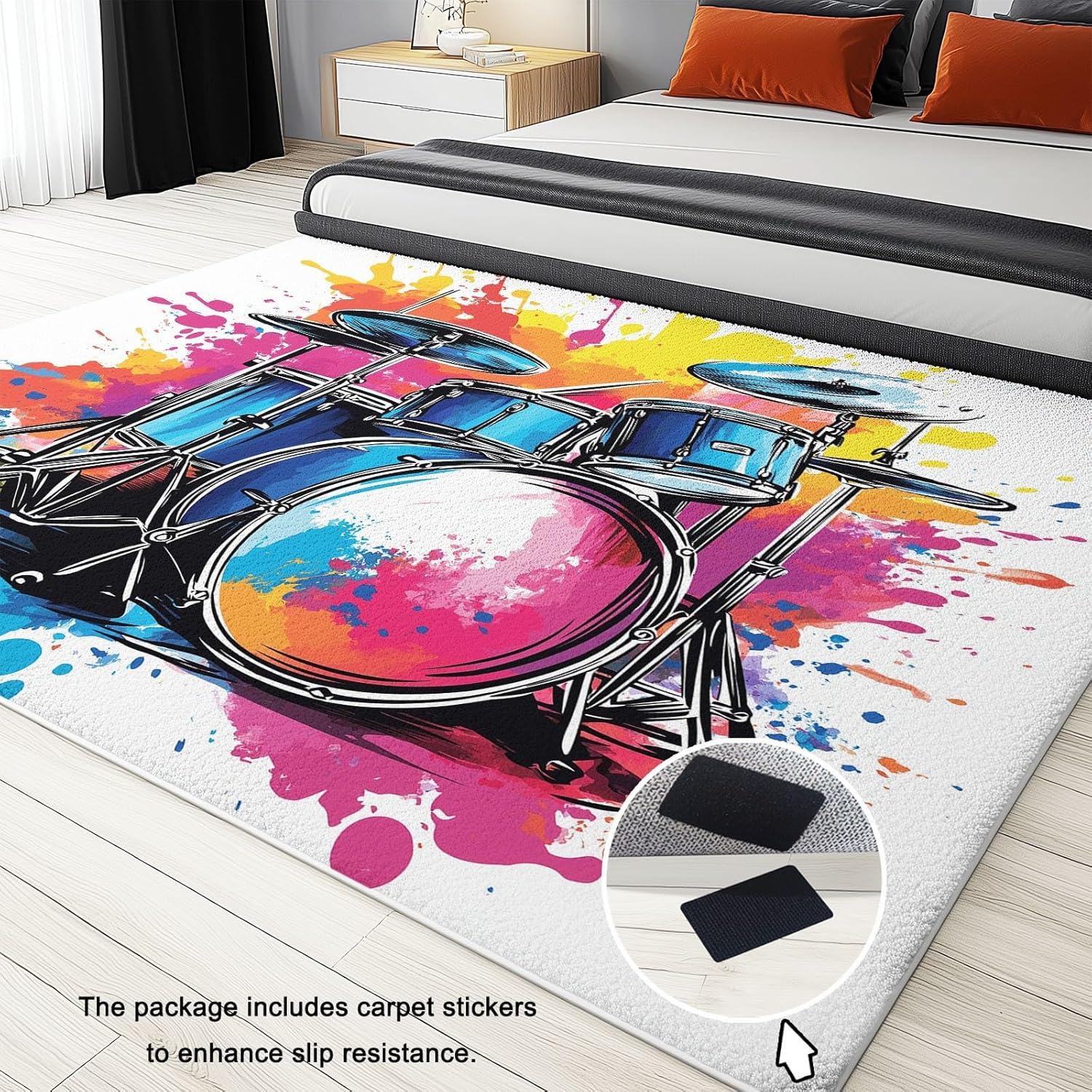 Music Drum Set Area Rug for Living Room, 8 X 10 Ft Machine Washable Area Rug Non-Slip Stain Resistant Carpet, Low-Pile Indoor Floor Carpet for Bedroom Office Dining Home Decor, Graffiti