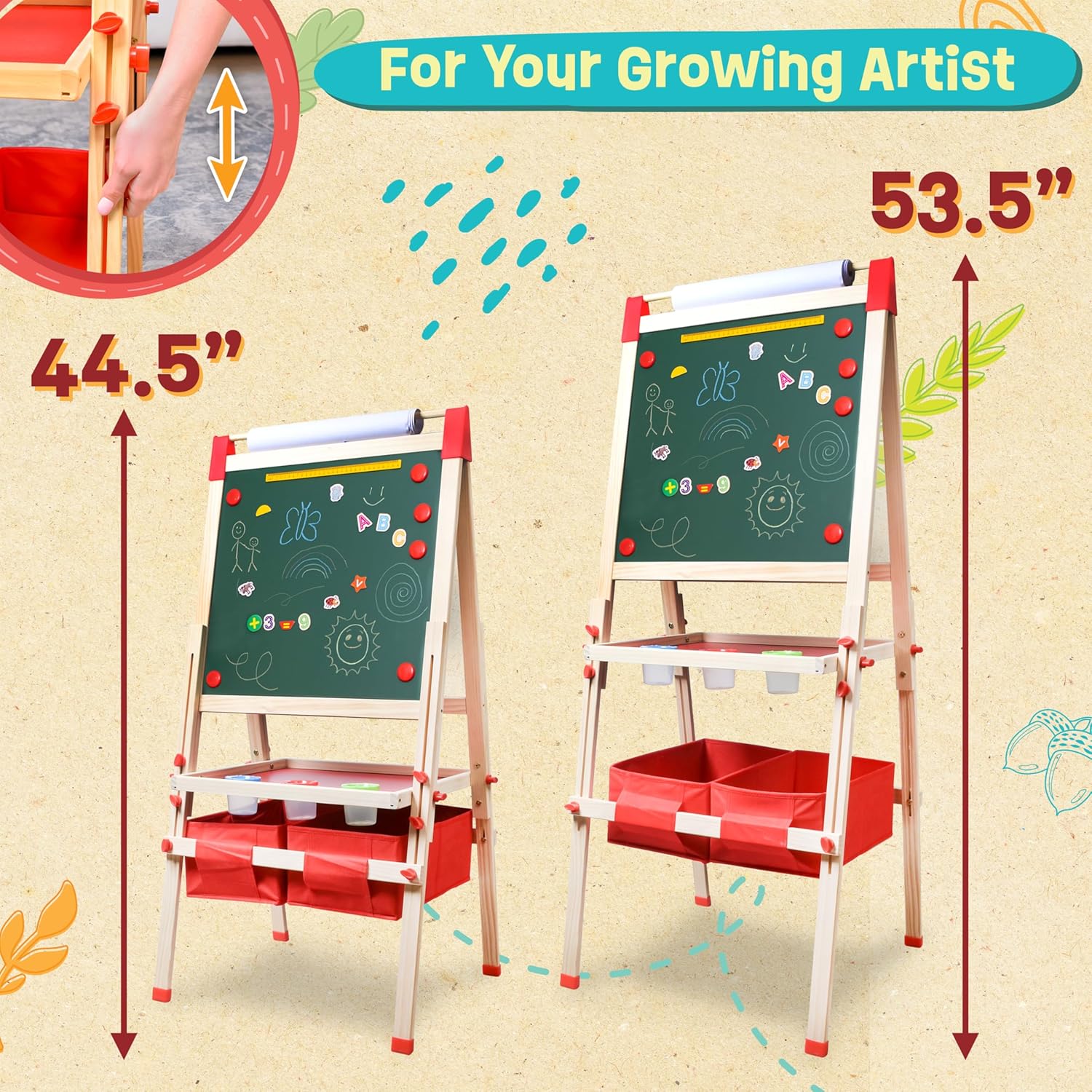 Light Up Easel for Kids 3 -in-1 Magnetic Chalkboard, LED Drawing Board with Adjustable Height and Paper Roll, 86 Accessories – Wooden Art Easel for Kids Ages 4-8 Years Old