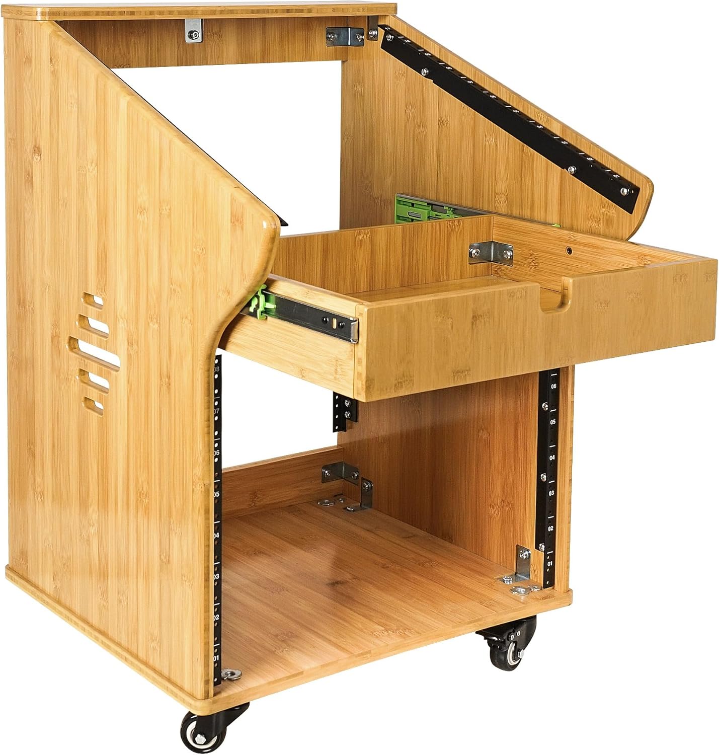 Sound Town DIY Solid Carbonized Bamboo Studio Rack with 11U Slant Mixer Top, 8U Front, 2U Drawer, Rubber Feet, Casters, for Recording Room, PA/DJ Equipment, Home-Audio (STBR-M11X8)