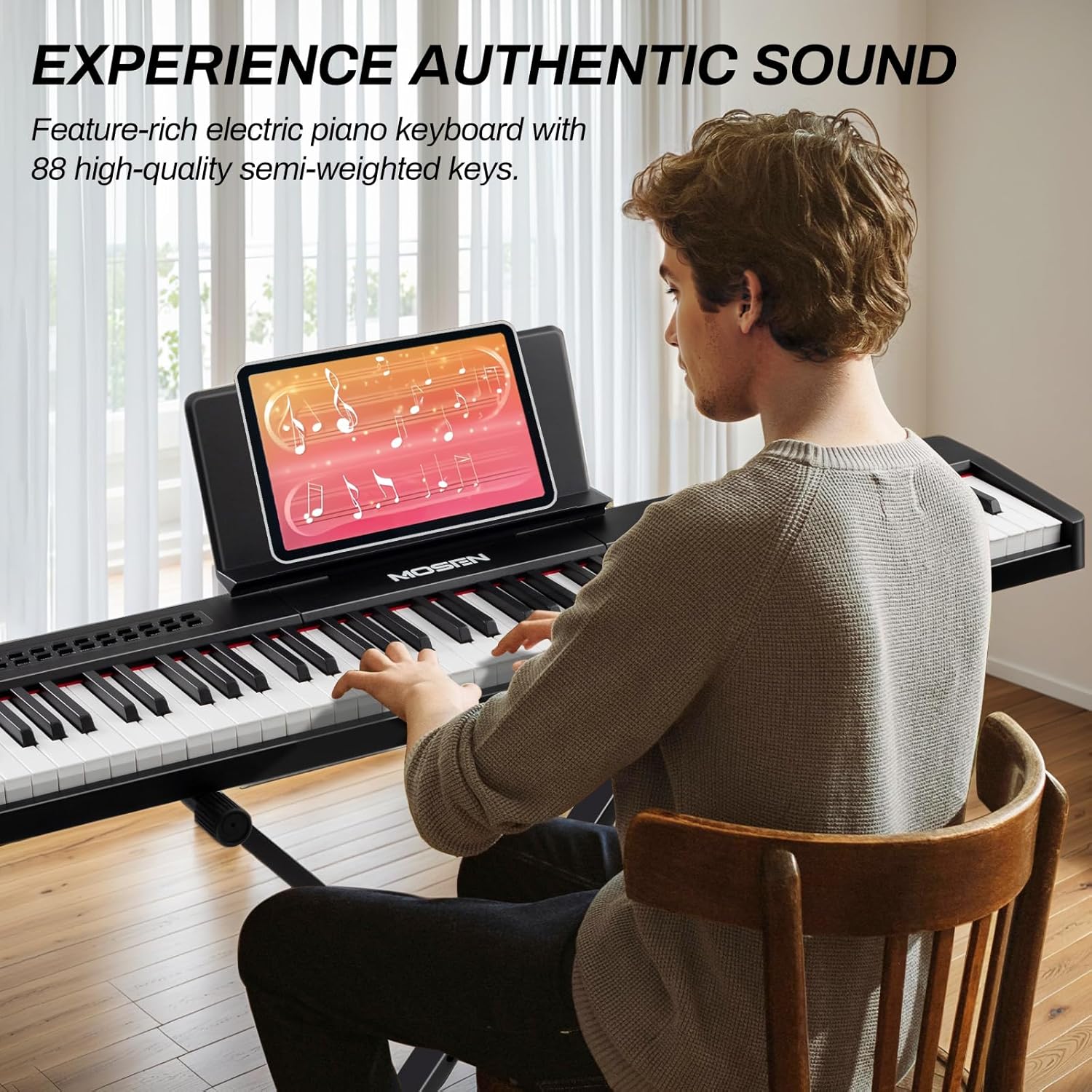 MOSEN 88-key digital piano keyboard with semi-weighted keys, double keyboard, LED display, 380 tones, 128 rhythms, 88 demo songs, Piano Lessons, keyboard stand and sustain pedal.(MSP-45BK)-Black