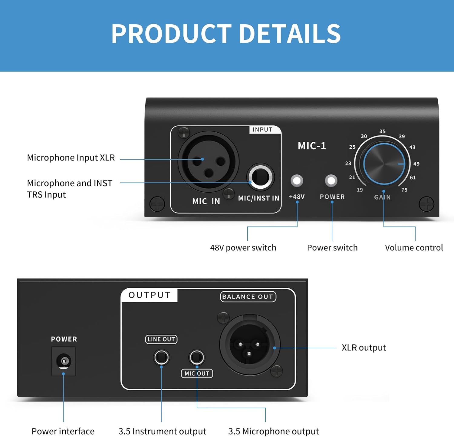 XTUGA XIC1 Microphone Preamp for Dynamic and Condenser Microphones Booster with 2 Input Max 75db Gain 48V Phantom Power XLR Output
