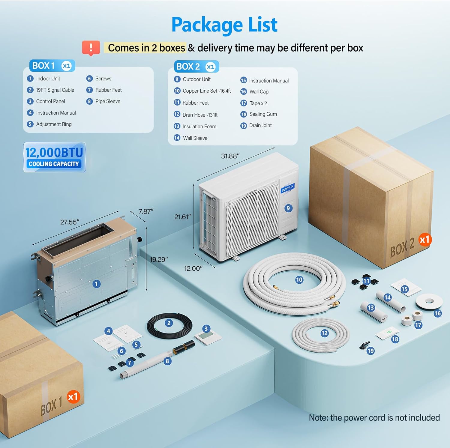ROVSUN 12000 BTU Smart WIFI Ducted Mini Split AC/Heating System with Inverter, 24 SEER2 Concealed Duct Air Conditioner with Wired Controller, Pre-Charged Condenser, Heat Pump & Installation Kit, 230V