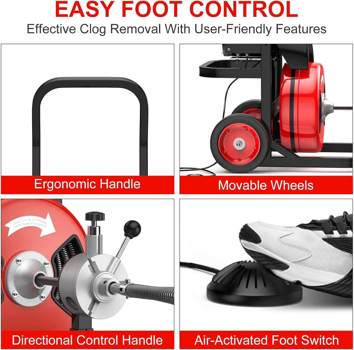 Drain Cleaner Machine, 100FT x 1/2 Inch Auto Feed Sewer Snake Auger, 450W Electric Drain Auger, Sewer Snake with 6 Cutters and Pneumatic Foot Switch, for 2