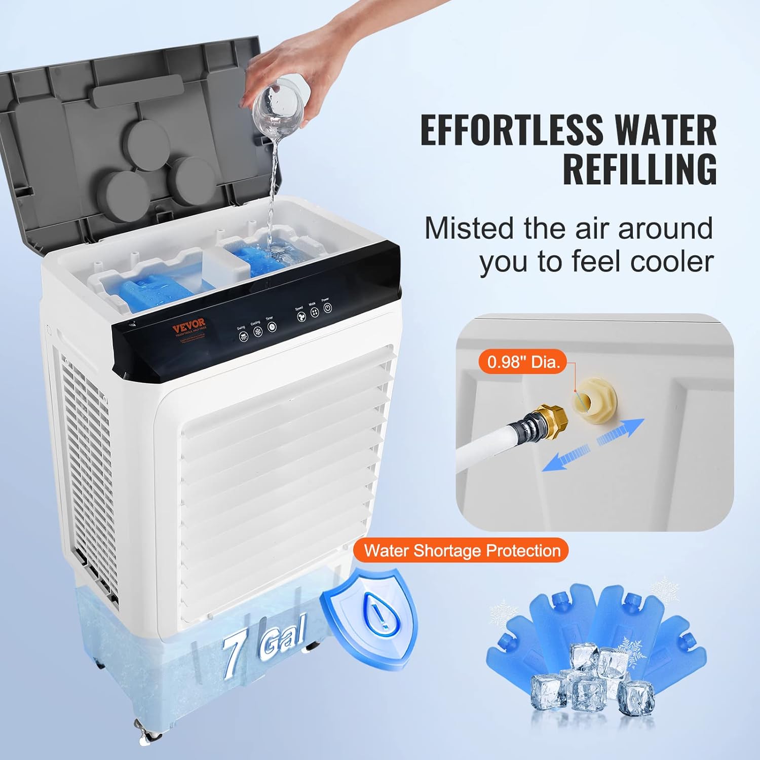 VEVOR Evaporative Air Cooler,120W 2100CFM Swamp Cooler with 7 Gal Water Tank,12H Timer,3 Modes & Speeds and Humidifying Portable 3-IN-1 Cooling Fan,Remote Control,Use for 750 Sq.Ft Indoor or Outdoor
