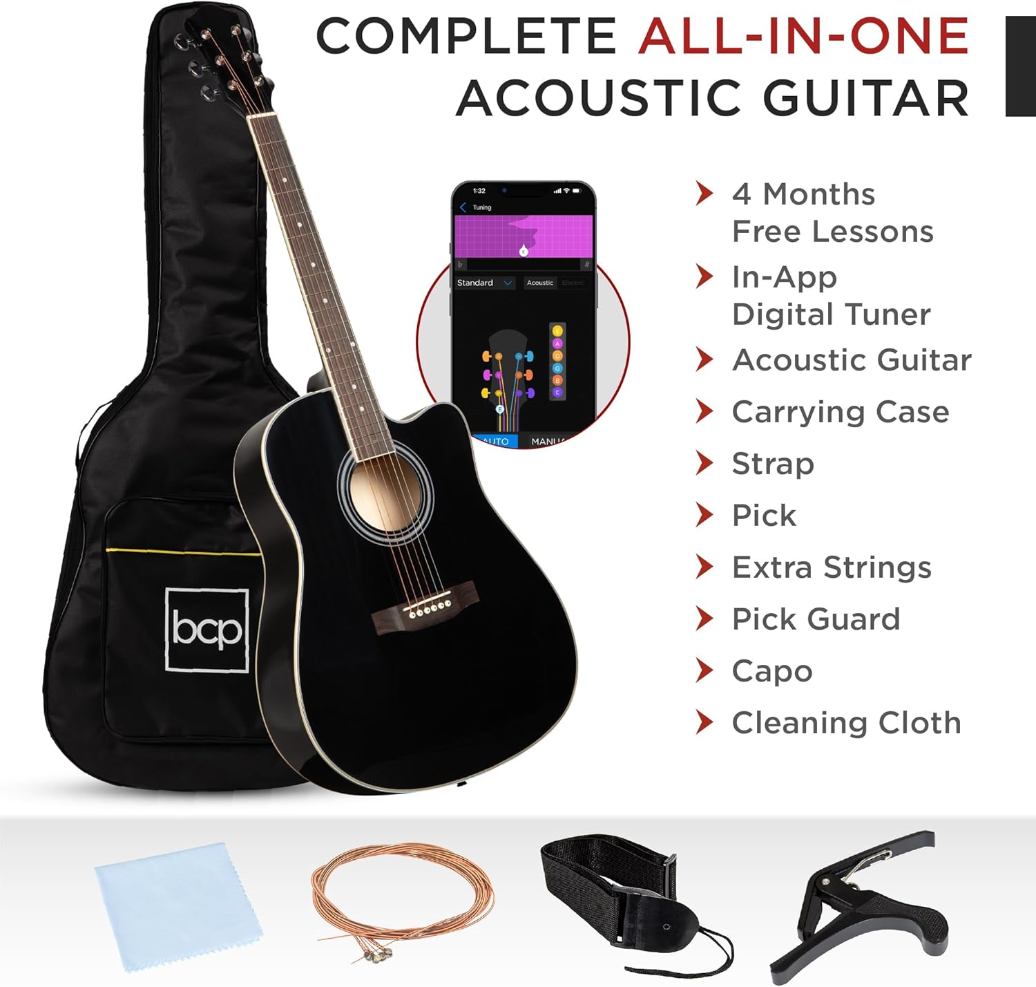 Best Choice Products 41in Beginner Acoustic Guitar Full Size All Wood Cutaway Guitar Starter Set w/Case, Strap, Capo, Strings, Picks - Black