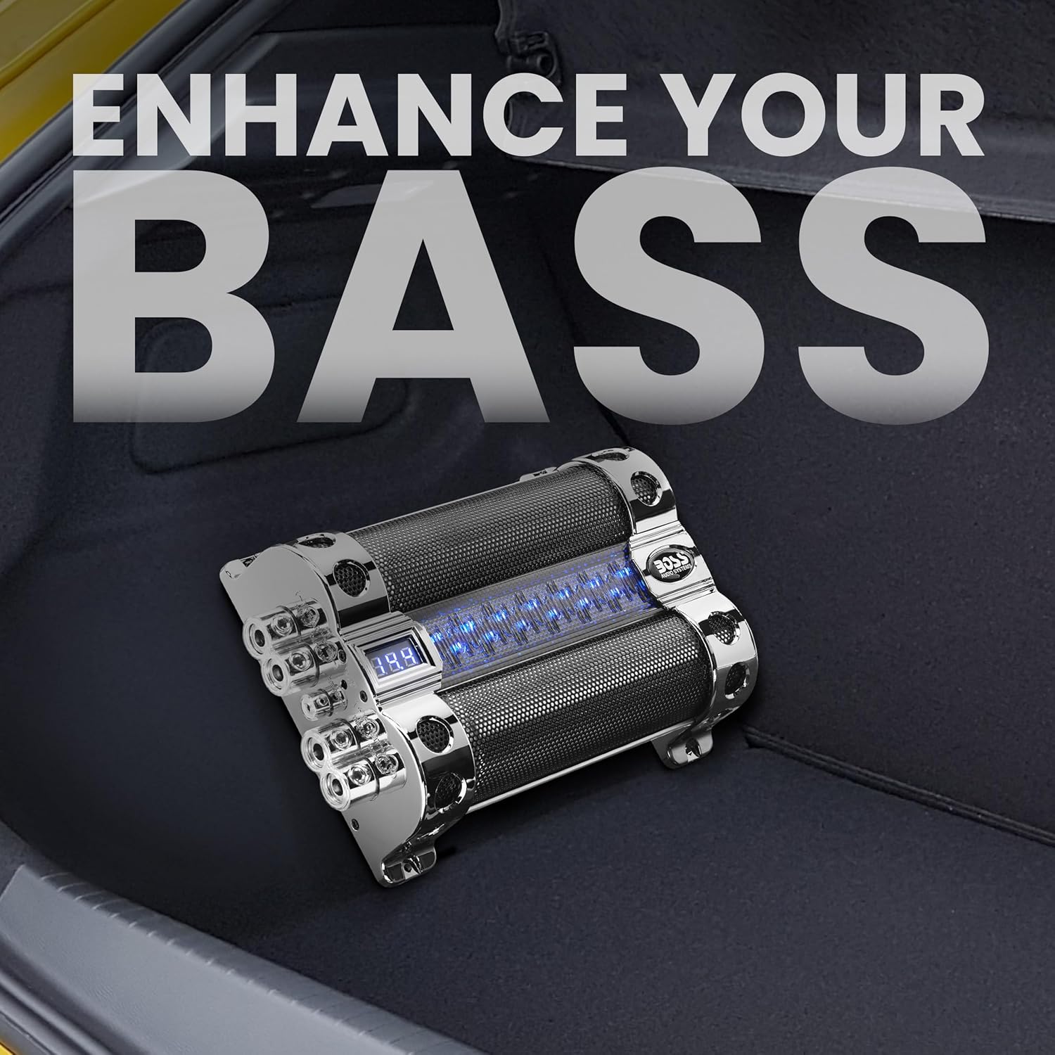 BOSS Audio Systems Cap18 - 18 Farad Car Capacitor For Energy Storage To Enhance Bass Demand From Audio System, Audible Warning Tone For Reverse Polarity, Voltage Overload Low Battery Voltage Led