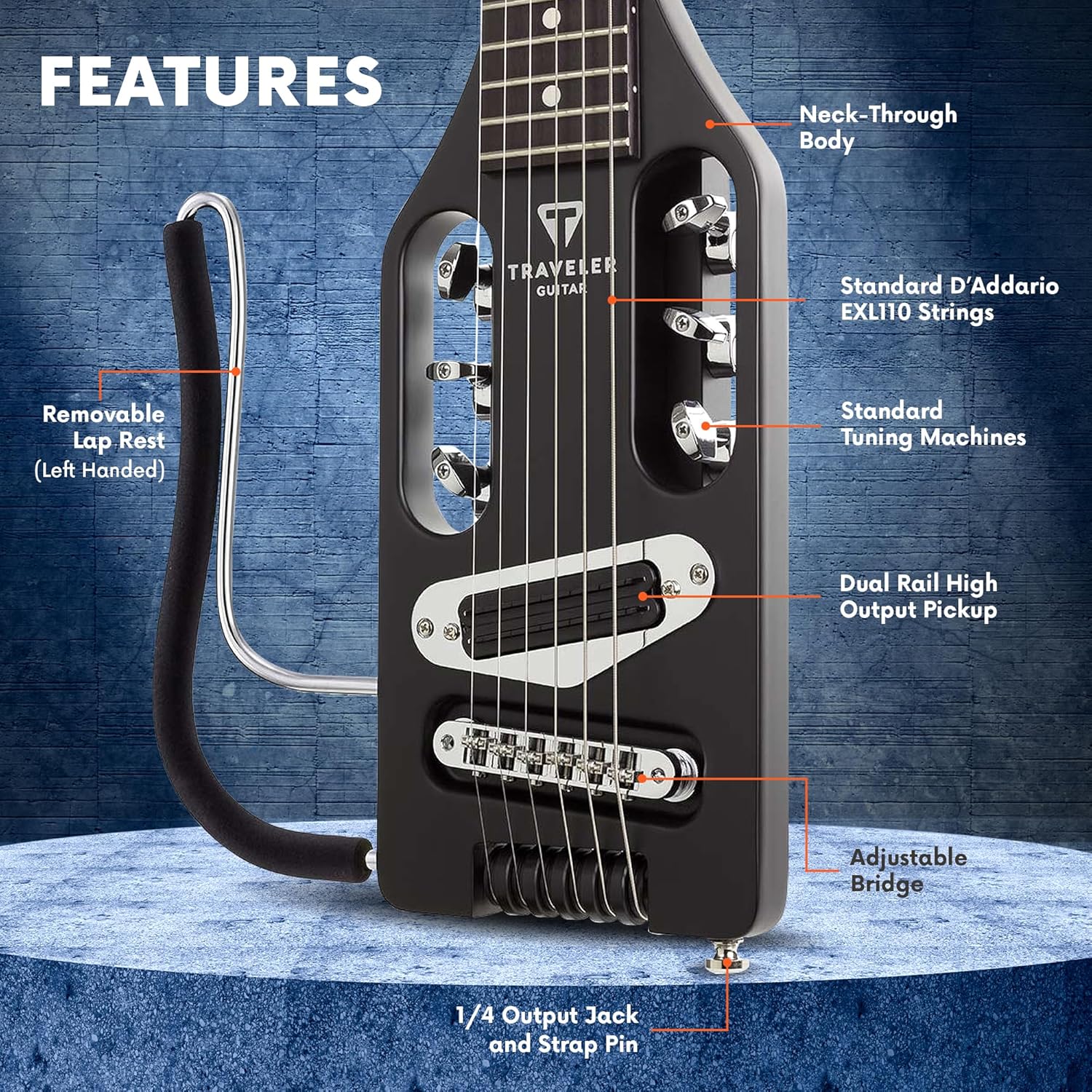 Traveler Guitar Ultra-Light Electric Guitar Matte Black Left-Handed Portable Electric with Removable Lap Rest Full 24 3/4