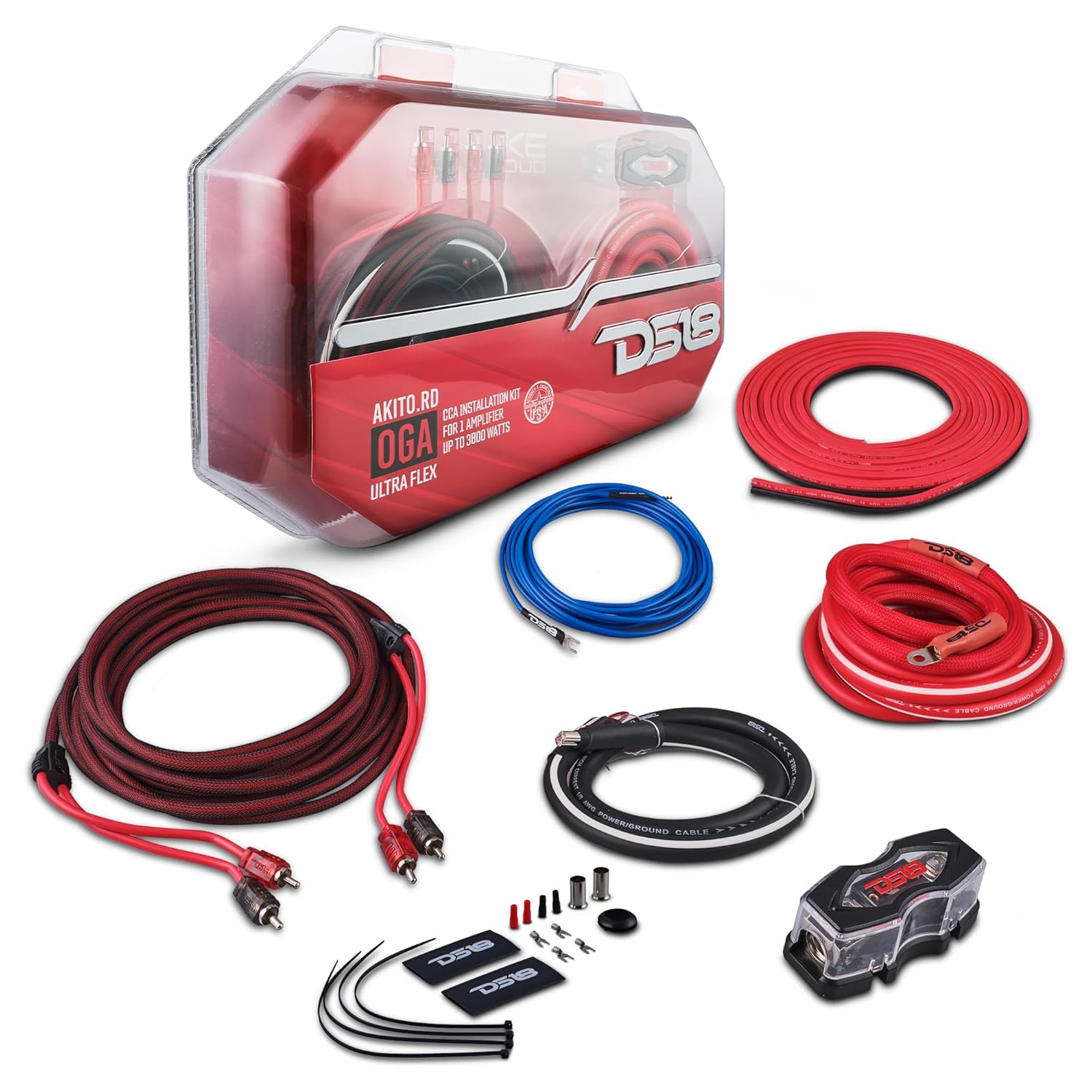 DS18 AKIT0.RD 0-GA Amplifier Installation Wiring Kit with Fuse Holder 250A, Up to 3500 Watts RMS, Ultra Flex Wire, Amp Wire Kit, Amp Wiring Kit 0 Gauge - Red