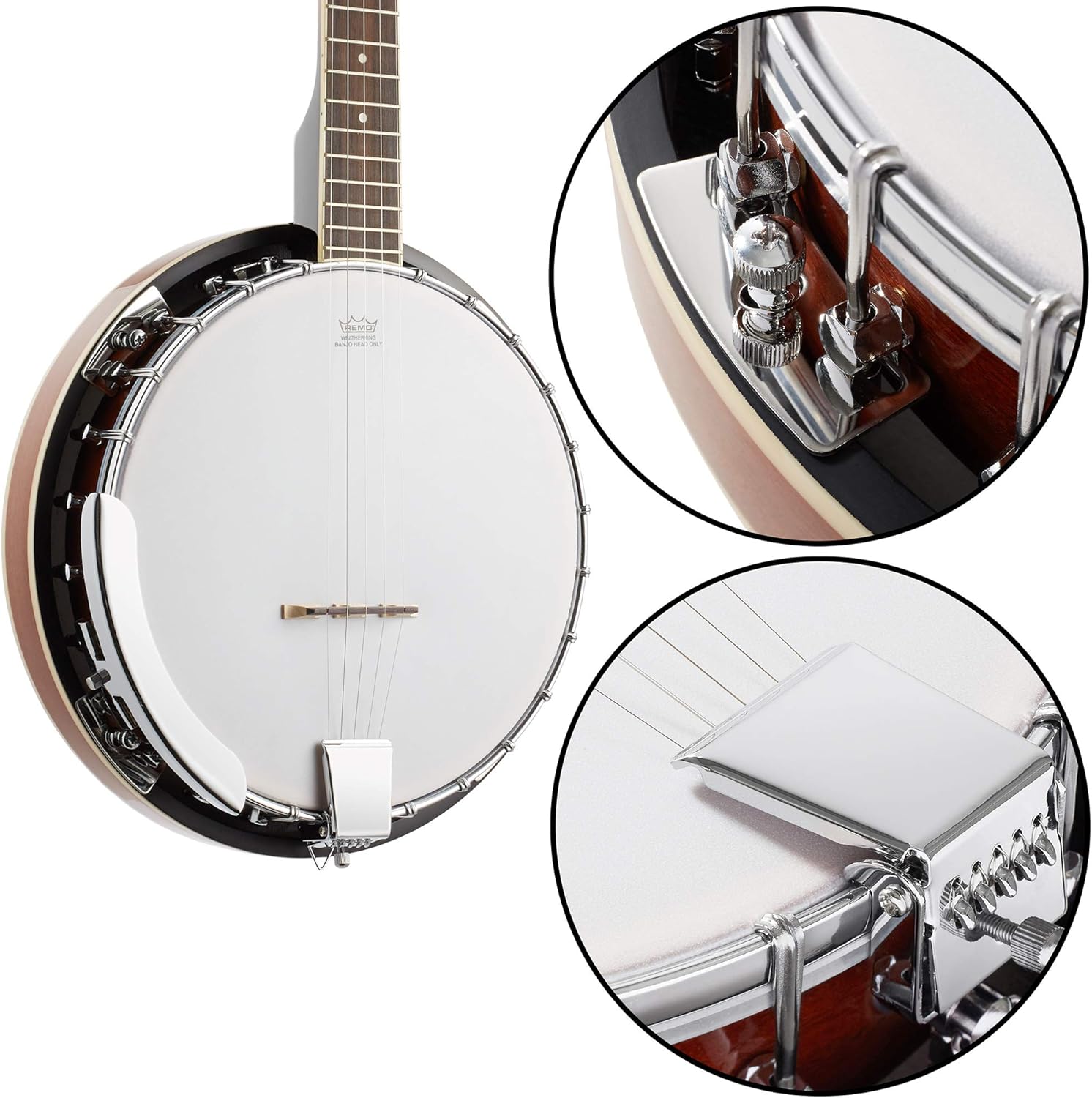 Ashthorpe 5-String Banjo - Full Size with 24 Brackets, Closed Back, Mahogany Resonator, Geared 5th Tuner, Padded Gig Bag